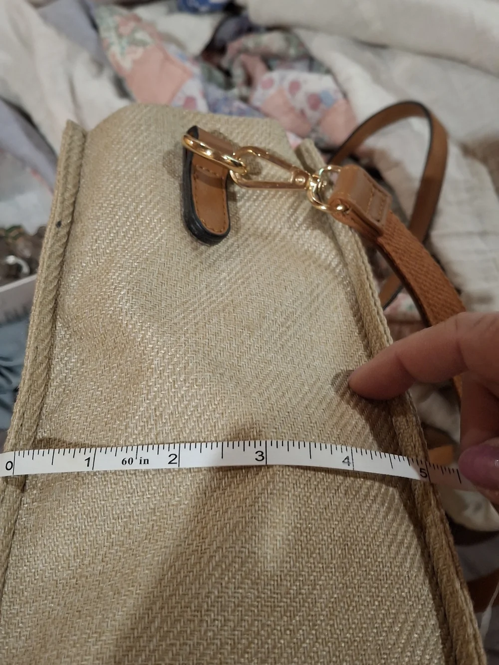 Cream Canvas Satchel with Navy Center Stripe and Tan Handles